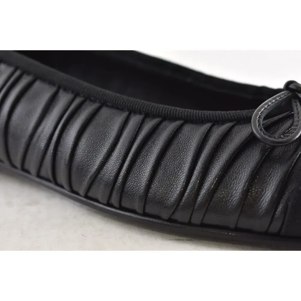 Chanel 26A Black Pleated Lambskin Leather CC Logo Bow Ballet Ballerina Flat 38.5